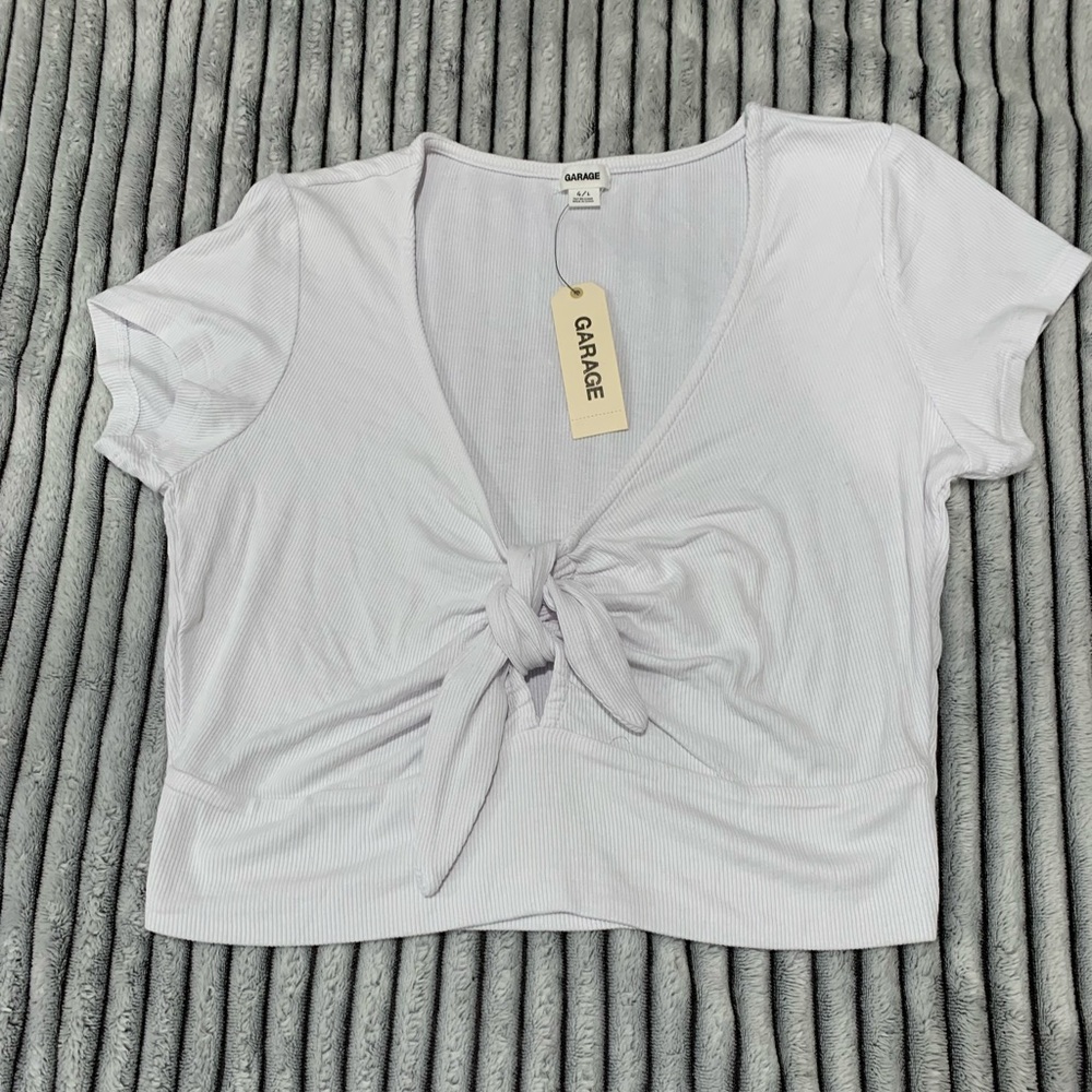 Garage White Front Tie Short Sleeve Top Size L